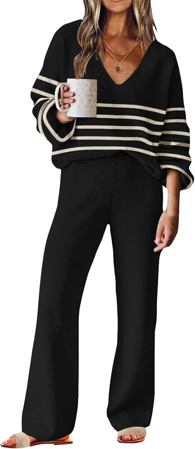 ETCYY NEW Womens 2 Piece Outfits Sweater Lounge Set Casual V Neck Knit Pajama Set Long Sleeve Top Wide Leg Pants Loungewear