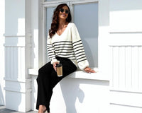 ETCYY NEW Womens 2 Piece Outfits Sweater Lounge Set Casual V Neck Knit Pajama Set Long Sleeve Top Wide Leg Pants Loungewear