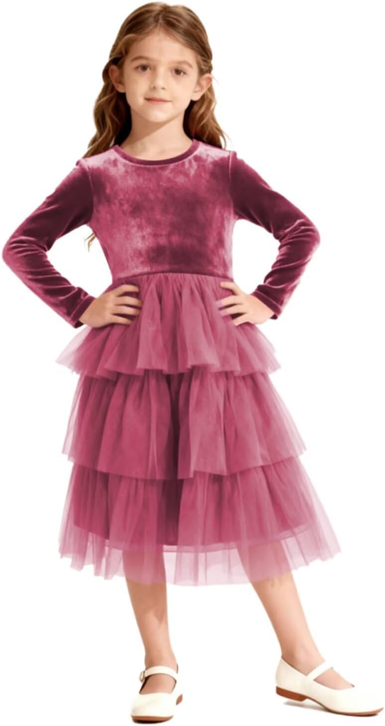 Christmas Dress Girls Velvet Tulle Puffy Long Sleeve Formal Party Dresses Princess Birthday Wedding Guest Dress