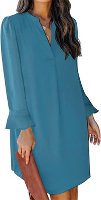QACOHU Fall Dresses for Women 2025 Casual V Neck Long Sleeves Flowy Mini Tunic Dress