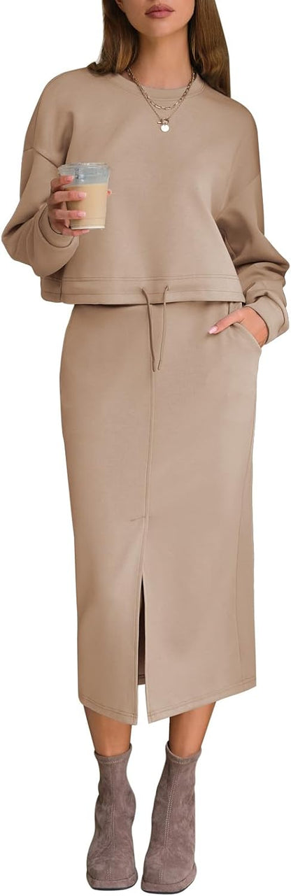 EXLURA Womens 2 Piece Skirts Set Fall Airport Drawstring Sweatshirts Midi Skirt Dress Lounge Sets Travel Outfits Winter 2025