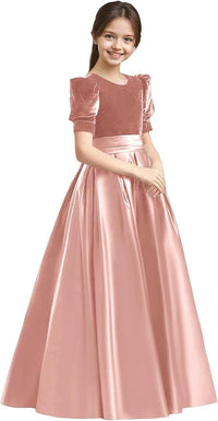 Velvet Flower Girl Dresses A-Line Pageant Princes Satin Ball Gowns with Bow Long Puffy Sleeve First Communion Dress