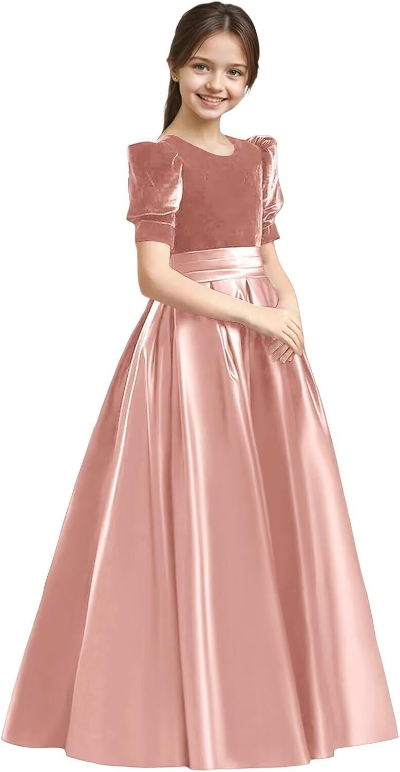 Velvet Flower Girl Dresses A-Line Pageant Princes Satin Ball Gowns with Bow Long Puffy Sleeve First Communion Dress