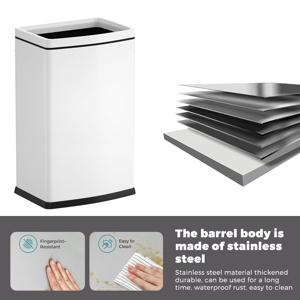 6.6 Gallon/25L Stainless Steel Square Trash Can, Large Capacity Kitchen Garbage Can, Business Trash Bin, Tall, Elegant, White Waste Basket, for Home, Office, Hotel (25LWhite)