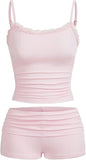 Hilinker Womens Sexy Pajama Set Ruched Lace Trim Cami and Shorts Summer Cute Pjs 2 Piece
