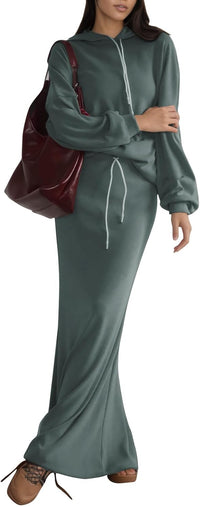 EXLURA Women 2 Piece Outfits Fall Airport Long Sleeve Hoodies Matching Long Skirt Dress Sweatsuits Lounge Sets Winter 2025