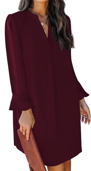 QACOHU Fall Dresses for Women 2025 Casual V Neck Long Sleeves Flowy Mini Tunic Dress