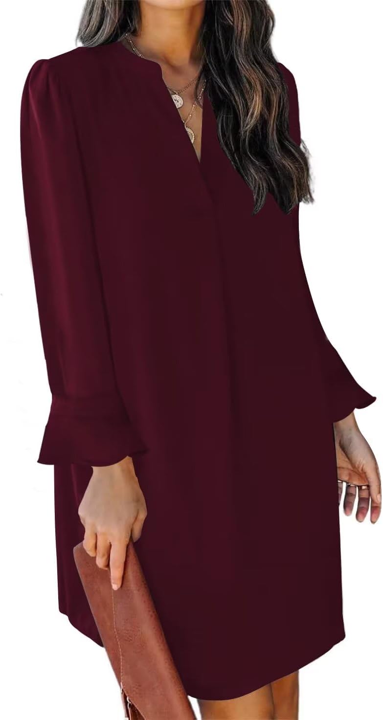 QACOHU Fall Dresses for Women 2025 Casual V Neck Long Sleeves Flowy Mini Tunic Dress