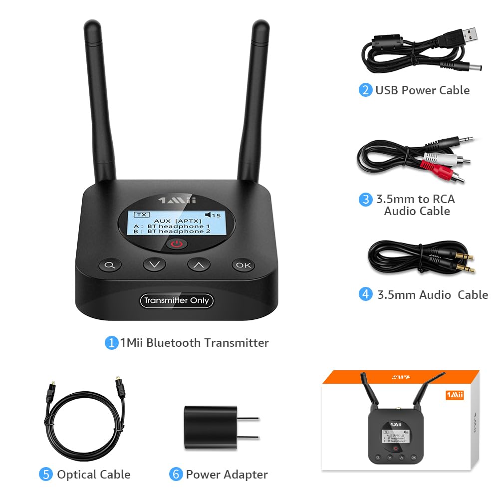 1Mii B06TX Bluetooth 5.2 Transmitter for TV to Wireless Headphone/Speaker, Bluetooth Adapter for TV w/Volume Control, AUX/RCA/Optical/Coaxial Audio Inputs, Plug n Play, aptX Low Latency & HD