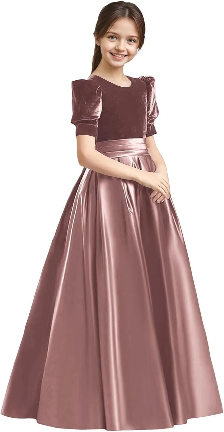 Velvet Flower Girl Dresses A-Line Pageant Princes Satin Ball Gowns with Bow Long Puffy Sleeve First Communion Dress