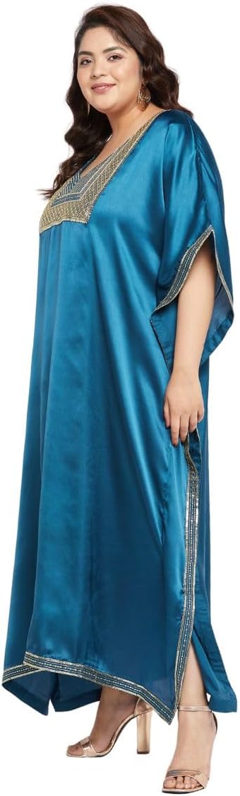 Gypsie Blu Women’s Plus Size Satin Sequin Kaftan Dress with Kimono Sleeves Casual Resort Wear Stylish Loose Fit Evening Dress