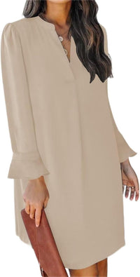 QACOHU Fall Dresses for Women 2025 Casual V Neck Long Sleeves Flowy Mini Tunic Dress