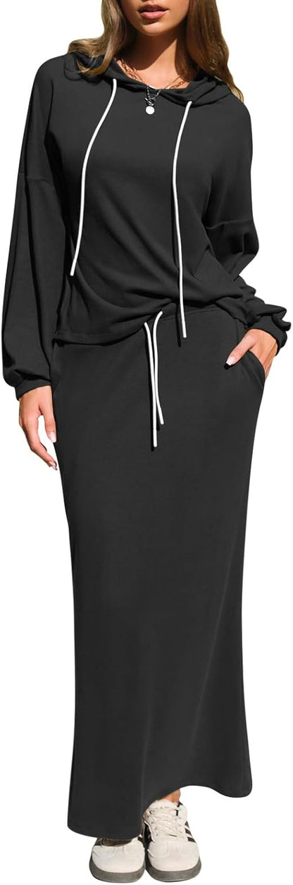 EXLURA Women 2 Piece Outfits Fall Airport Long Sleeve Hoodies Matching Long Skirt Dress Sweatsuits Lounge Sets Winter 2025
