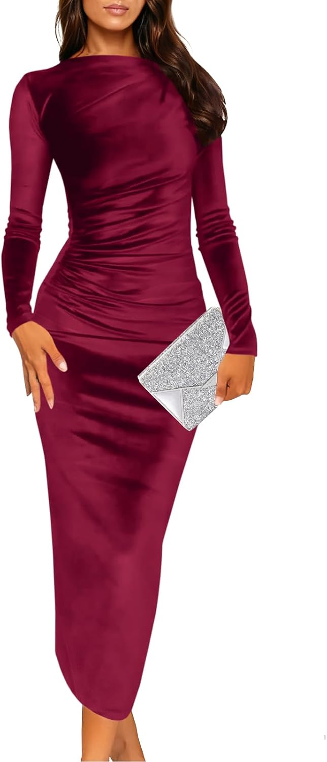 Wenrine Women's Velvet Bodycon Midi Dress Long Sleeve Ruched Elegant Cocktail Party Dresses