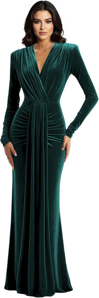 Long Sleeve Velvet Bridesmaid Dress with Tie 2026 V Neck Mermaid Maxi Formal Evening Dress AS010