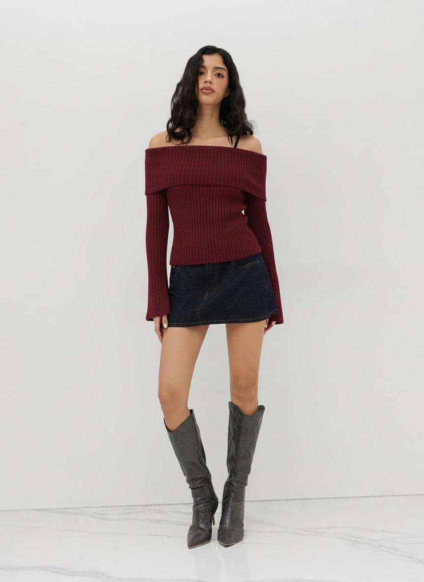 CIDER Off The Shoulder Tops for Women Long Sleeve Going Out Y2K Tops Knit Pullover Fall Outfits Trendy 2025