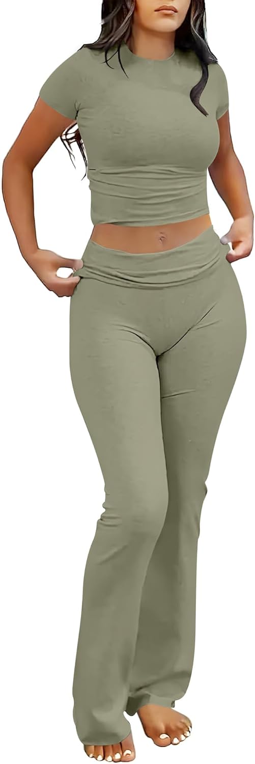 ANRABESS Lounge Sets for Women 2 Piece Foldover Yoga Flare Leggings Pants Crop Tops Casual Y2K Outfits Matching Tracksuit Set