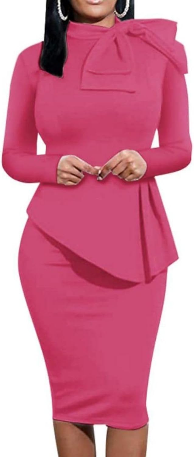 Women's Peplum Bodycon Long Sleeve Wear to Work Dresses Bow Party Club Ruffle Formal Cocktail Pencil Dress