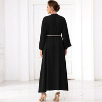 Muslim Abaya Long Sleeve Open Front Rhinestones Kaftan Cardigan Maxi Dress for Women with Belt