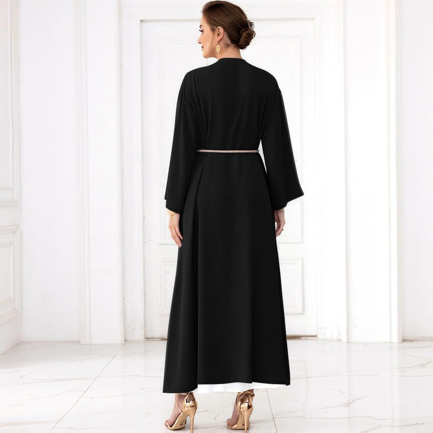 Muslim Abaya Long Sleeve Open Front Rhinestones Kaftan Cardigan Maxi Dress for Women with Belt