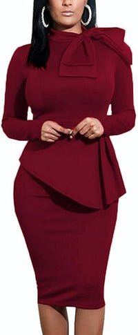 Women's Peplum Bodycon Long Sleeve Wear to Work Dresses Bow Party Club Ruffle Formal Cocktail Pencil Dress
