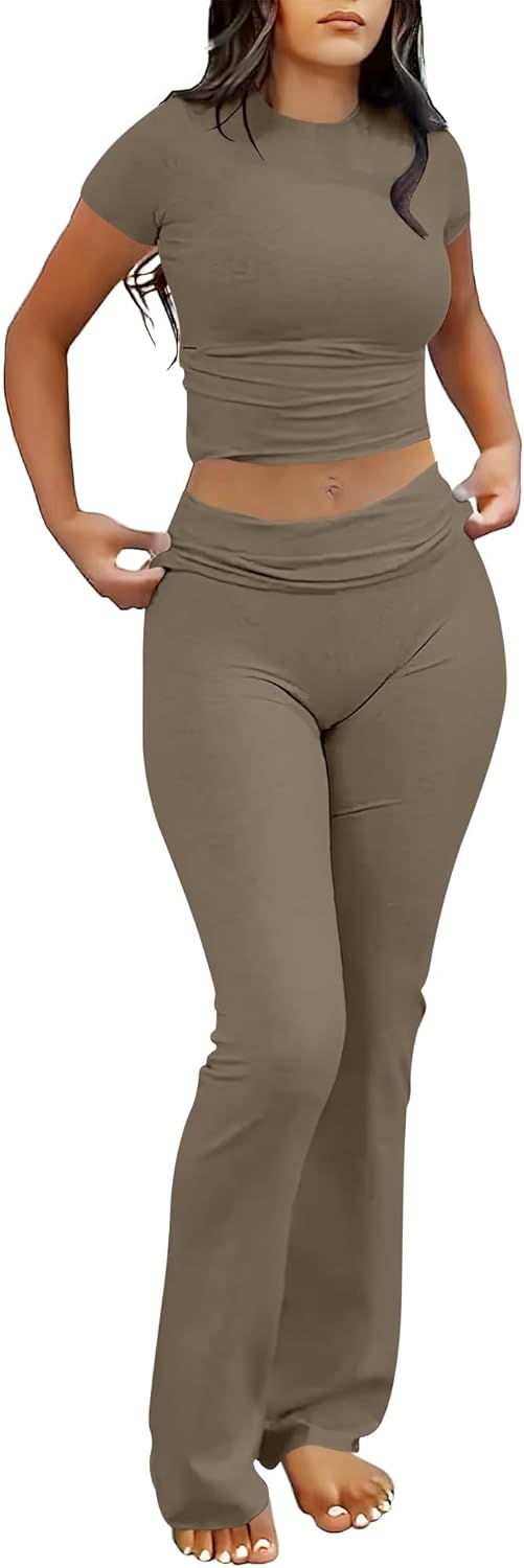 ANRABESS Lounge Sets for Women 2 Piece Foldover Yoga Flare Leggings Pants Crop Tops Casual Y2K Outfits Matching Tracksuit Set