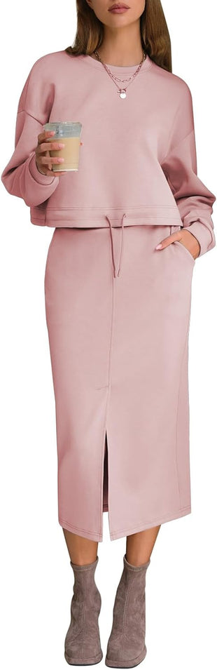 EXLURA Womens 2 Piece Skirts Set Fall Airport Drawstring Sweatshirts Midi Skirt Dress Lounge Sets Travel Outfits Winter 2025