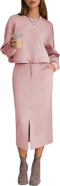 EXLURA Womens 2 Piece Skirts Set Fall Airport Drawstring Sweatshirts Midi Skirt Dress Lounge Sets Travel Outfits Winter 2025