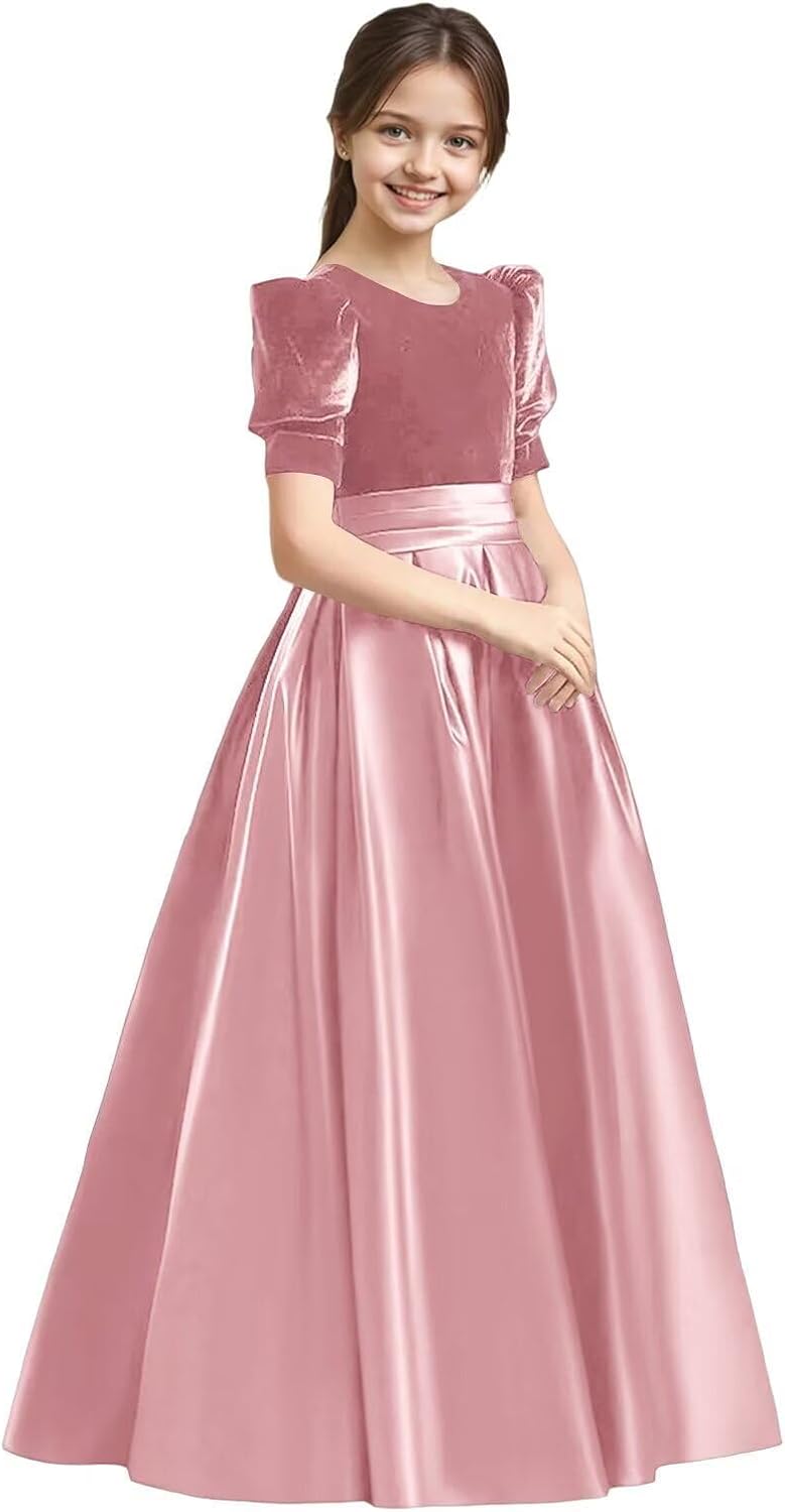 Velvet Flower Girl Dresses A-Line Pageant Princes Satin Ball Gowns with Bow Long Puffy Sleeve First Communion Dress