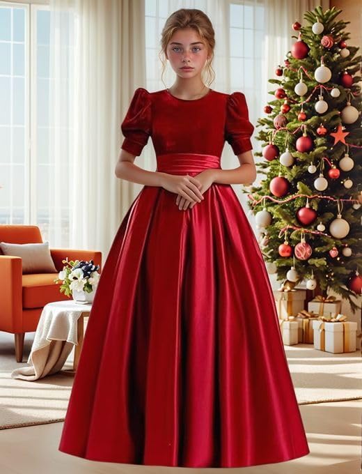 Velvet Flower Girl Dresses A-Line Pageant Princes Satin Ball Gowns with Bow Long Puffy Sleeve First Communion Dress
