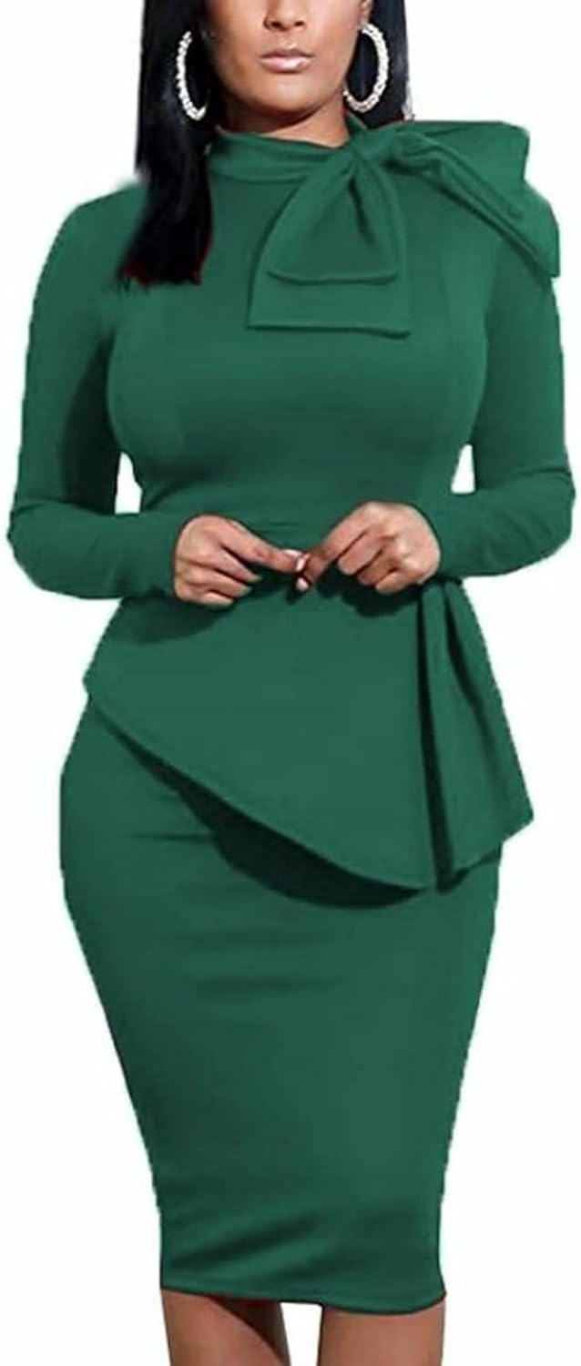 Women's Peplum Bodycon Long Sleeve Wear to Work Dresses Bow Party Club Ruffle Formal Cocktail Pencil Dress