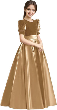 Velvet Flower Girl Dresses A-Line Pageant Princes Satin Ball Gowns with Bow Long Puffy Sleeve First Communion Dress
