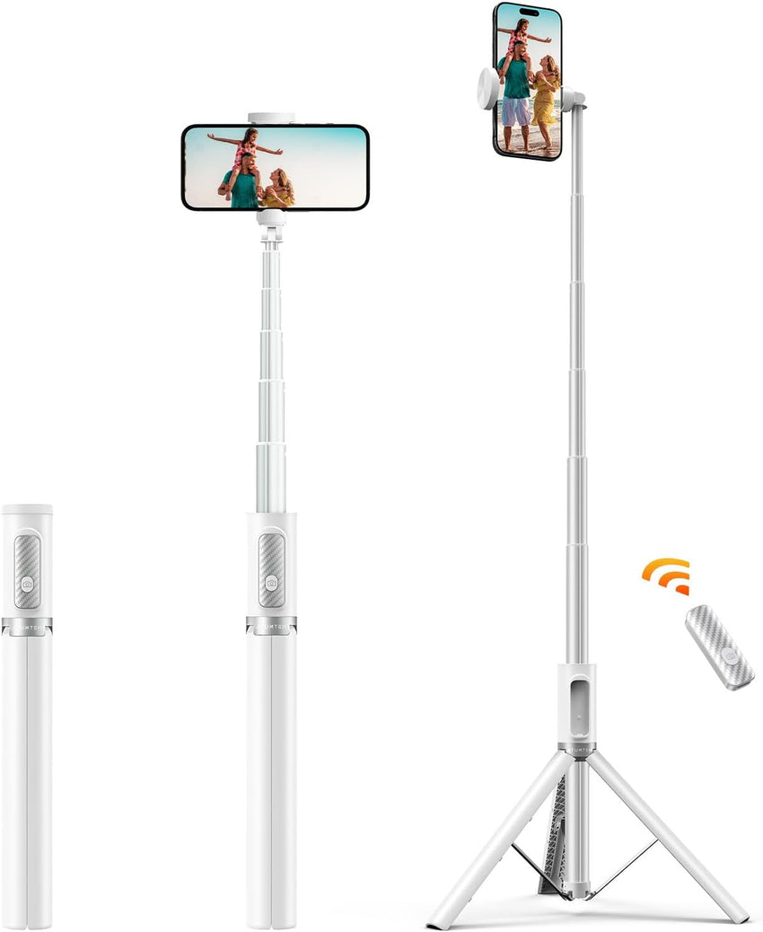 ATUMTEK 62" Selfie Stick Tripod, Extendable Aluminum Tripod with Rechargeable Bluetooth Remote, Compatible with iPhone and Android Smartphones, Perfect for Travel, Vlog, Video and Photo, White