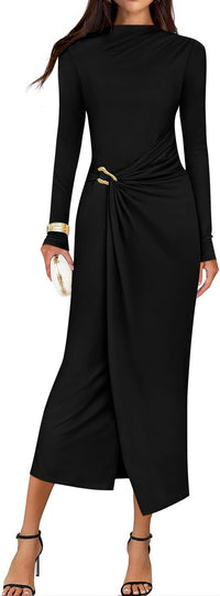 ZESICA Women's 2025 Fall Long Sleeve Bodycon Dress Mock Neck Wedding Guest Cocktail Party Long Midi Dresses