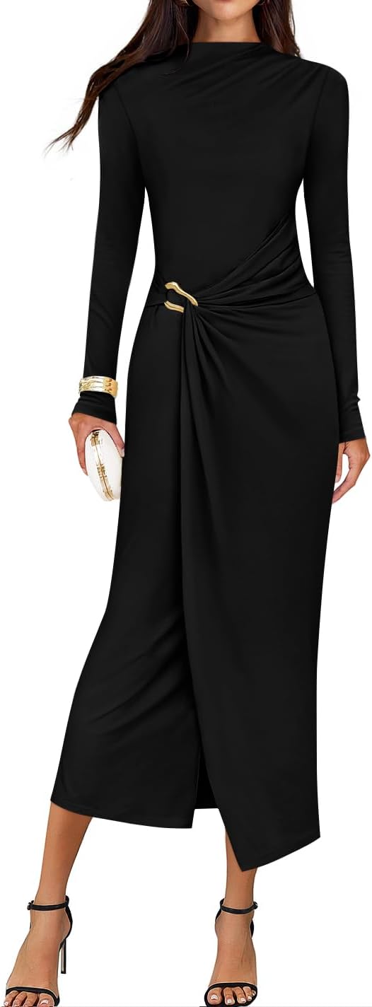 ZESICA Women's 2025 Fall Long Sleeve Bodycon Dress Mock Neck Wedding Guest Cocktail Party Long Midi Dresses