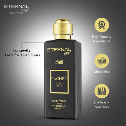 Eternal Love Amber Oud - Long Lasting Unisex Eau de Parfum - Warm Woody Oriental Fragrance with Oud & Amber - Dubai Inspired Arabic Scent - 3.4oz