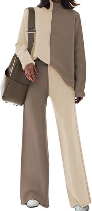 Fixmatti Women's Sweater Set High Neck Long Sleeve Top and Wide Leg Pant 2 Piece Lounge Set