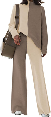 Fixmatti Women's Sweater Set High Neck Long Sleeve Top and Wide Leg Pant 2 Piece Lounge Set