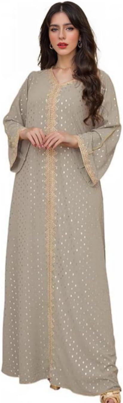 Boedaty Women Summer Muslim Abaya Dress One-Piece Embroidered V Neck Bronzing Kaftan Dress Full Length Party Dress