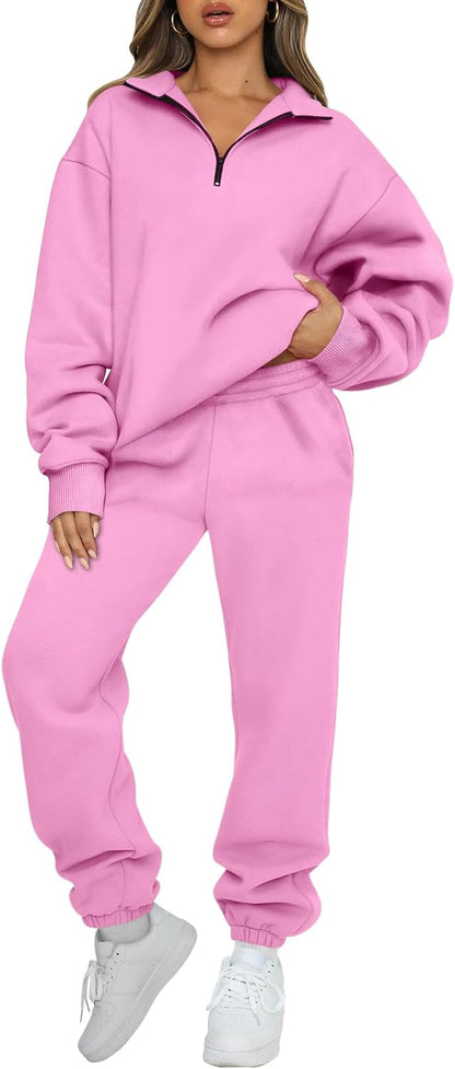 AUTOMET Women's Sweatsuits 2 Piece Outfits Lounge Sets Long Sleeve Half Zip Pullover and Baggy Sweatpants with Pockets