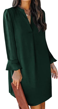 QACOHU Fall Dresses for Women 2025 Casual V Neck Long Sleeves Flowy Mini Tunic Dress