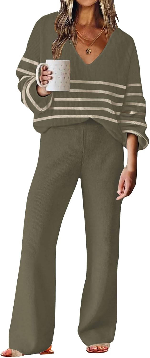 ETCYY NEW Womens 2 Piece Outfits Sweater Lounge Set Casual V Neck Knit Pajama Set Long Sleeve Top Wide Leg Pants Loungewear