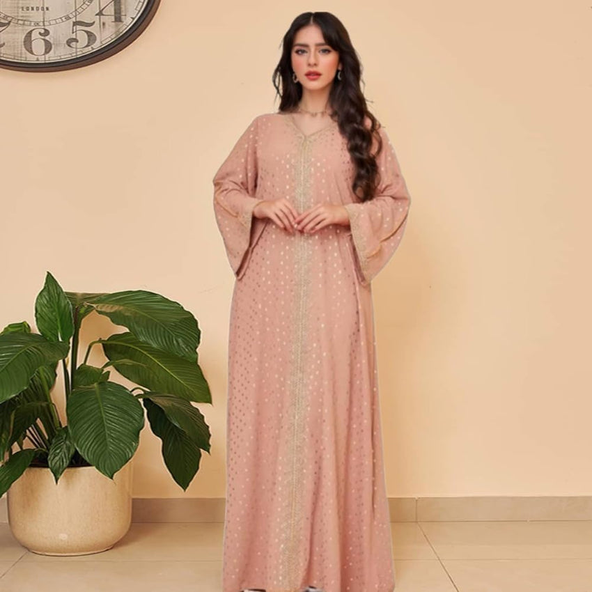 Boedaty Women Summer Muslim Abaya Dress One-Piece Embroidered V Neck Bronzing Kaftan Dress Full Length Party Dress
