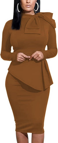 Women's Peplum Bodycon Long Sleeve Wear to Work Dresses Bow Party Club Ruffle Formal Cocktail Pencil Dress