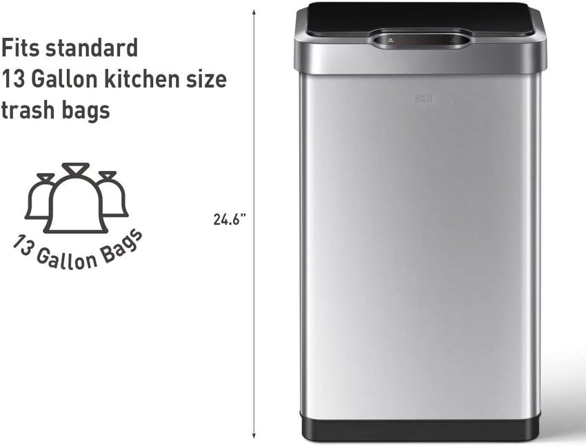 EKO Mirage-T 50 Liter / 13.2 Gallon Touchless Rectangular Motion Sensor Trash Can, Brushed Stainless Steel Finish