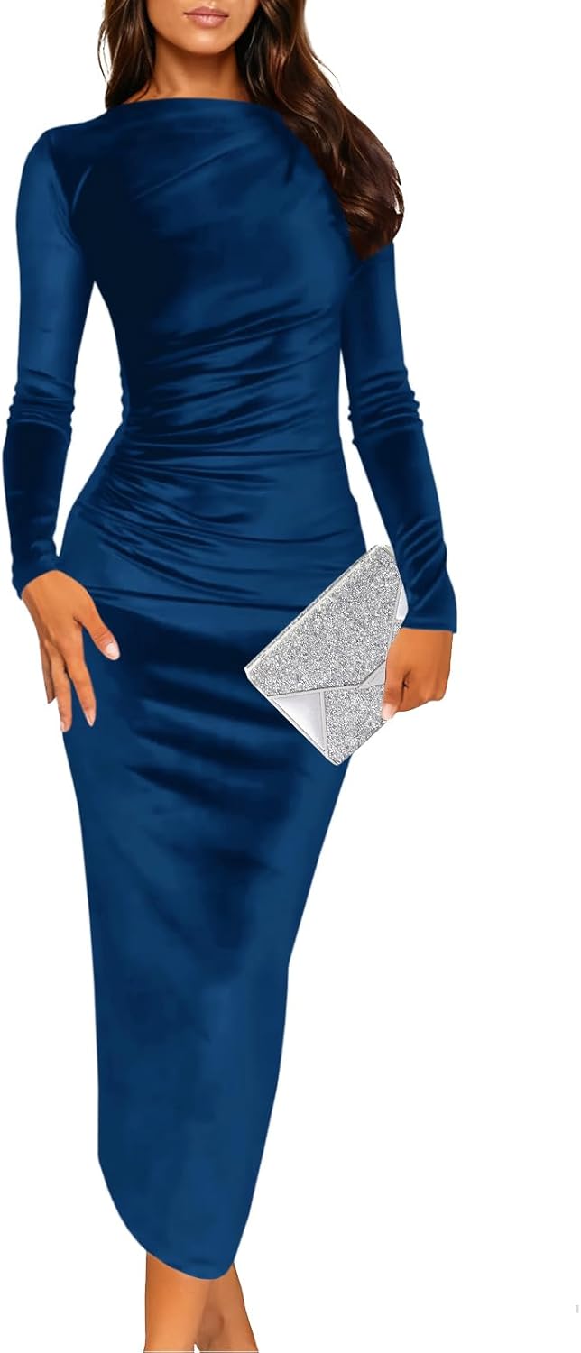 Wenrine Women's Velvet Bodycon Midi Dress Long Sleeve Ruched Elegant Cocktail Party Dresses