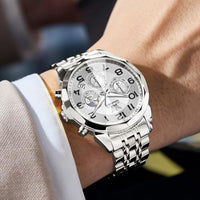 OLEVS Watches Men Luxury Chronograph Moon Phase Waterproof Luminous Watches for Men Analog Quartz Calendar Stainless Steel Strap Wrist Watches-(Black/Blue/Gold/Grey/Silver Face)