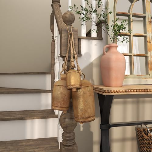 Deco 79 Gold Metal Tibetan Inspired Decorative Giant XL Cow Bells with Jute Hanging Rope, Set of 3 10",8",6"H - Cylindrical