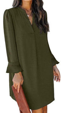 QACOHU Fall Dresses for Women 2025 Casual V Neck Long Sleeves Flowy Mini Tunic Dress