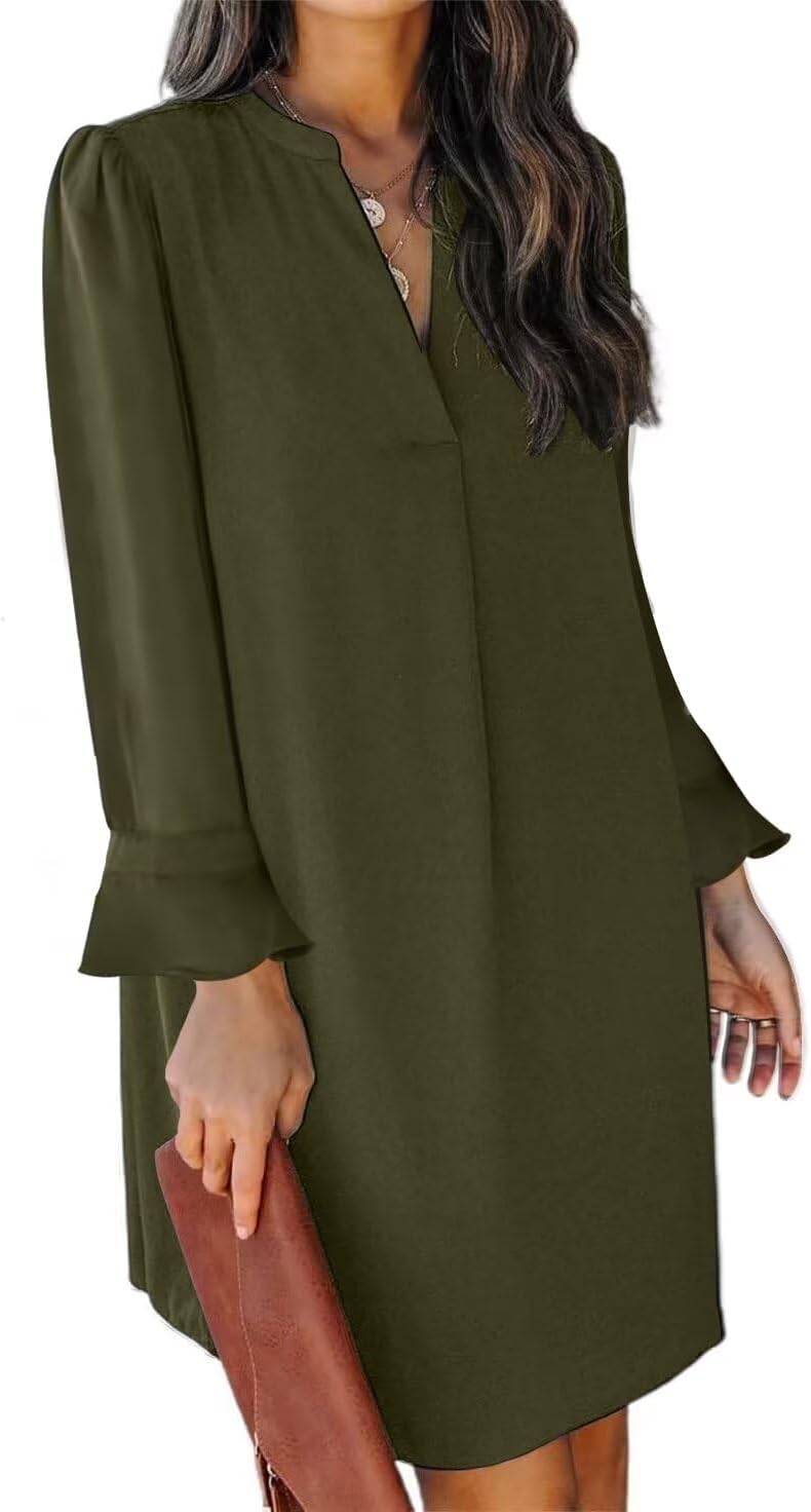 QACOHU Fall Dresses for Women 2025 Casual V Neck Long Sleeves Flowy Mini Tunic Dress